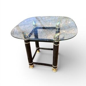 Vintage Hollywood Regency Glass Top End Table Black Gold Brass Finish Side Table